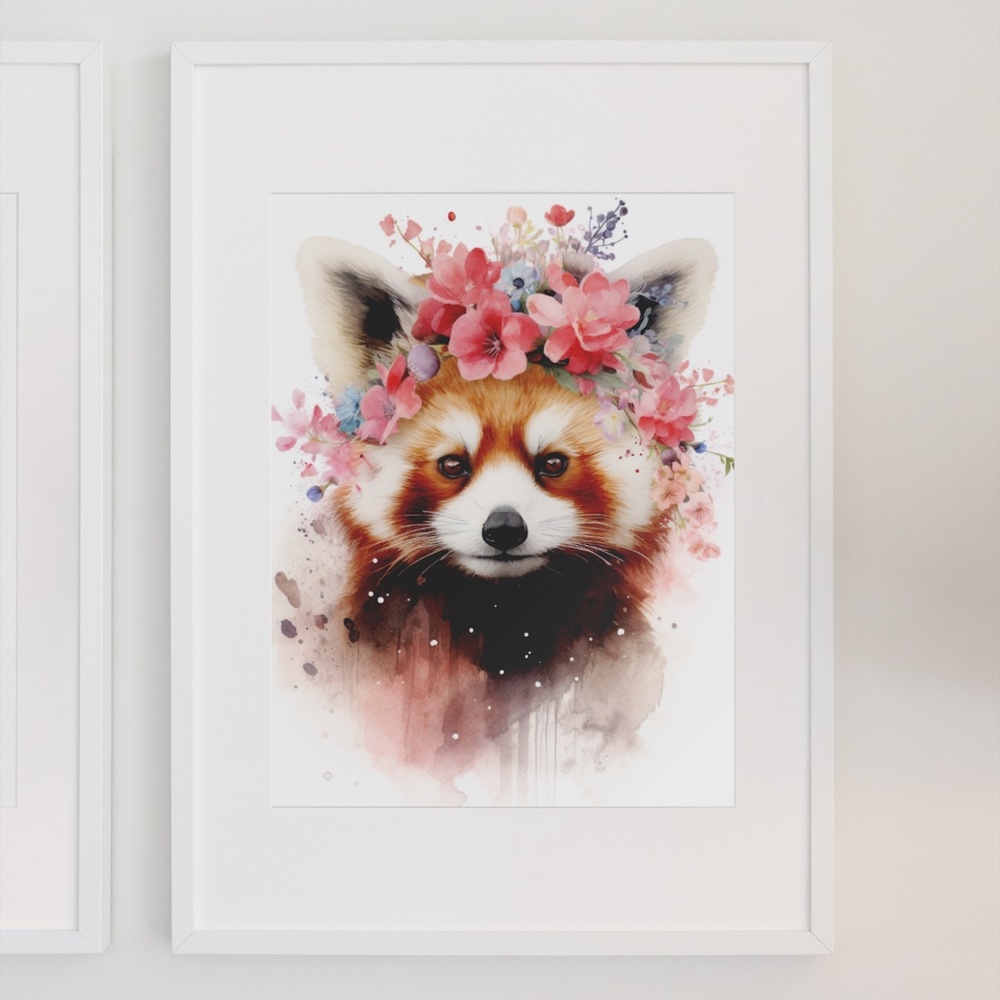 Cute Floral Red Panda Watercolor Wall Art Illustration Print Poster Unframed - Picture 3 of 7